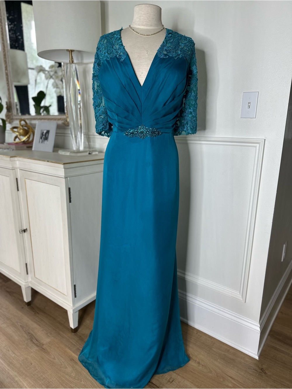 Alyce Paris Teal V-Neck Beaded Lace Sleeve Gown